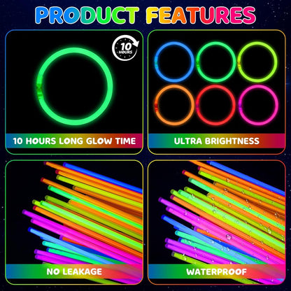 Mega-L 200 Pcs Glow Sticks Bulk Party Pack, Glow in the Dark Party Supplies, 8" Ultra Bright Glow Necklaces and Bracelets with Connectors for Neon Glow Birthday Pool Party, New Years Eve Party Favors