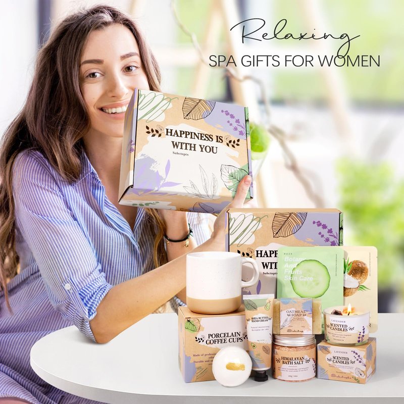 Gifts for Women, Birthday Gift for Women Spa Gifts Self Care Baskets Christmas Gift Relaxing Bath Set with Coffee Cups Latte Mug for Mom Sister Wife Friendship