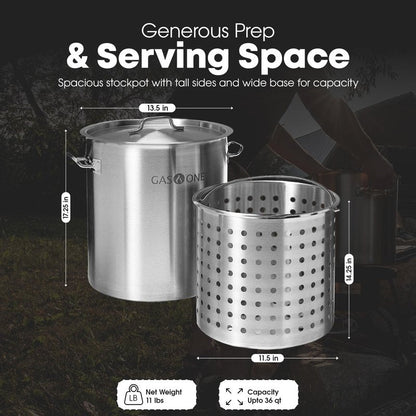 GasOne Stainless Steel Stockpot with Basket – 36qt Stock Pot with Lid and Reinforced Bottom – Heavy-Duty Cooking Pot for Deep Frying, Turkey Frying, Beer Brewing, Soup, Seafood Boil – Satin Finish