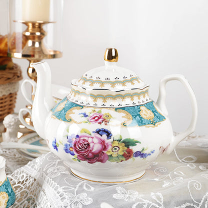 fanquare 21 Piece Floral Porcelain Tea Set, British Tea Cup and Saucer Set for 6, Tea Party Set for Women, Blue Roses