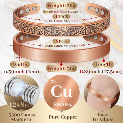 Auramag Copper Bracelets for Women, Magnetic Copper Bracelets for Women with 3500 Gauss Magnets, Adjustable Jewelry with Gift Box (2PCS)