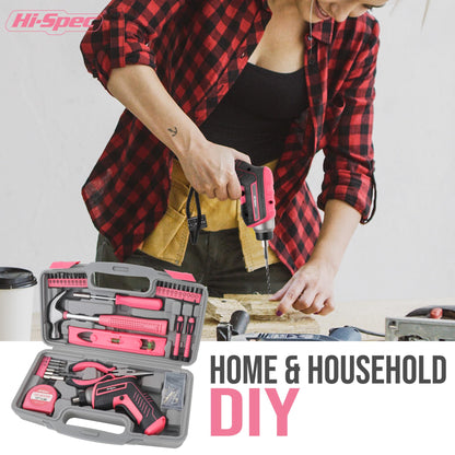 Hi-Spec 35pc Pink Tool Kit with 3.6V USB Electric Screwdriver and Drill Set. Complete Women Tool Set