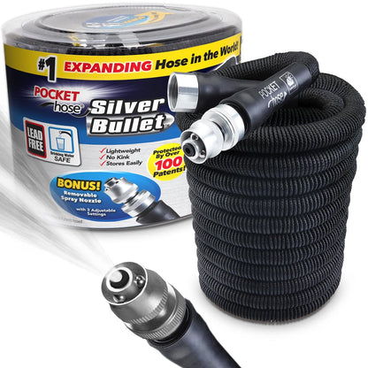 Pocket Hose Silver Bullet 100 ft Turbo Shot Nozzle Multiple Spray Patterns Expandable Garden Hose 3/4 in Solid Aluminum Fittings Lightweight and No-Kink