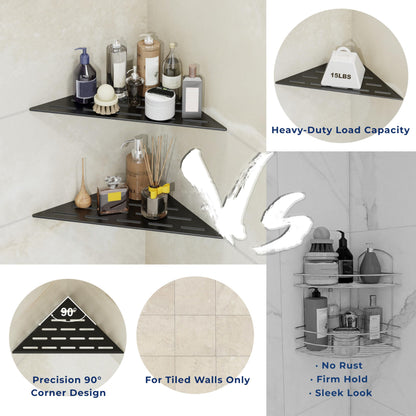 Peaktrivol Corner Shower Caddy Shelf, Recessed Built-in Bathroom Storage for Tiled 90° Walls, Matte Black 304 Stainless Steel, Set of 2