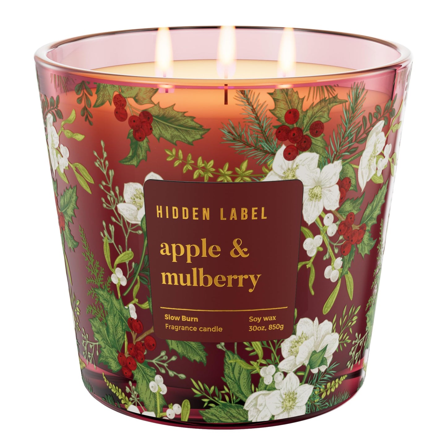 Apple Mulberry Scented Candle, 30oz 3 Wick Large Candle, 100H Long Burn Natural Soy Wax, Sweet Autumn & Winter Holiday Fragrance, Festive Gift for Women & Home Decor | Hidden Label