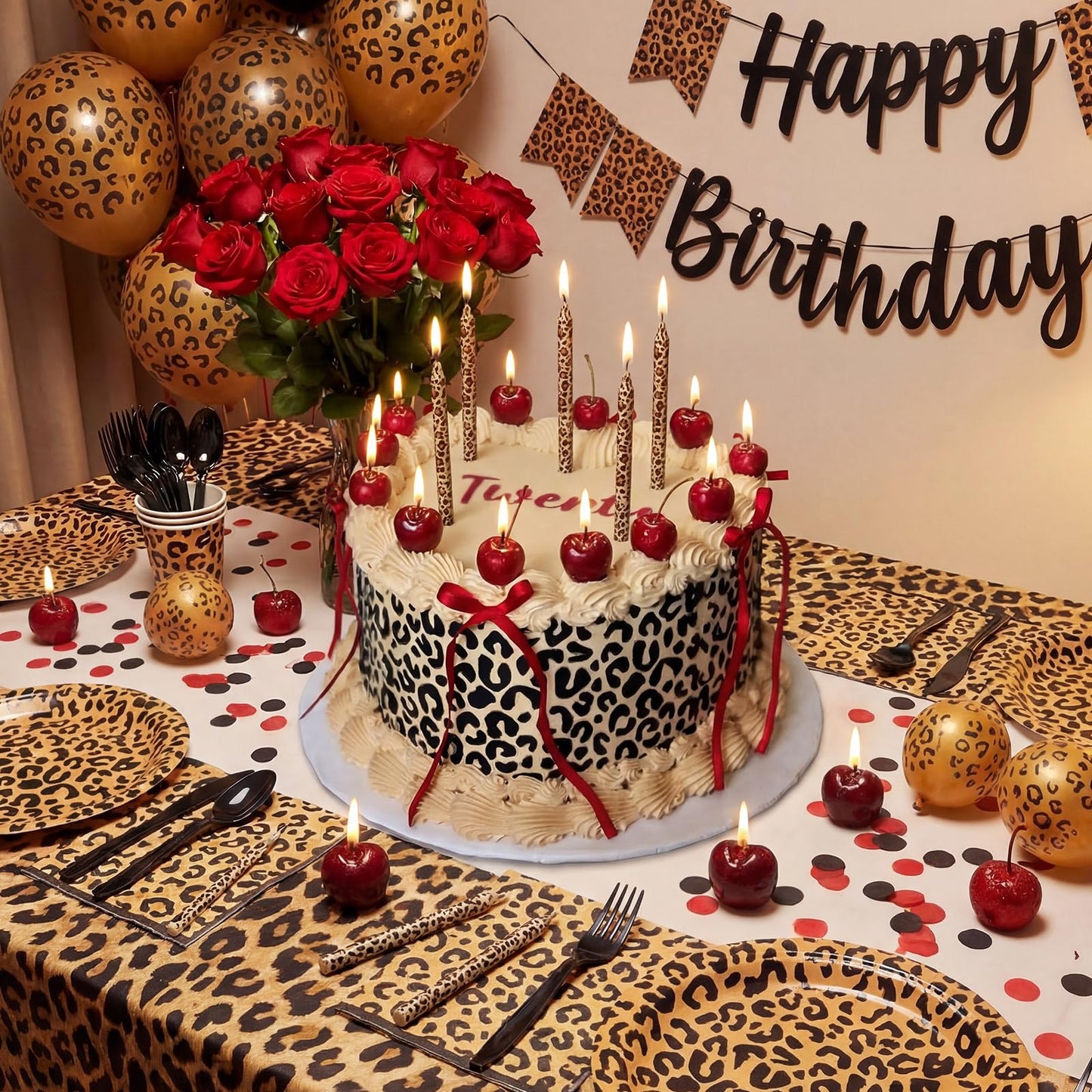 Conelist 18 Pcs Cheetah Cherry Birthday Candles Cute Cherry Shaped & Leopard Taper Cake Candles Decoration Cupcake Topper Decor for Birthday Bachelorette Wedding Party Supplies