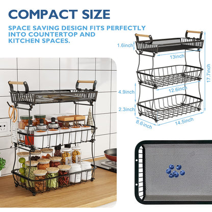 ANTOPY 3 Tier Fruit Basket with 2 Banana Hangers, Countertop Fruit Vegetable Basket Bowl for Kitchen Counter Metal Mesh Basket Fruits Stand Produce Holder Organizer for Onion Potato Bread Snack Veggie
