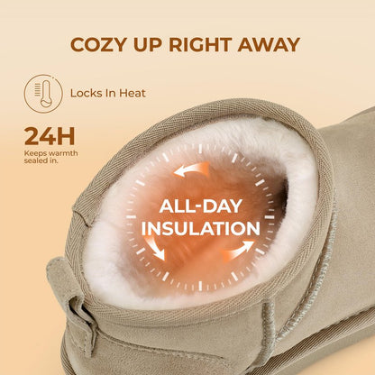 DREAM PAIRS Ankle Winter Mini Boots for Women Genuine Suede Faux Fur Lining Water Resistant Warm Snow Boots Slip On Memory Foam Comfort Booties FuzzyClassic,Size 6,Sand,SDSB2405W
