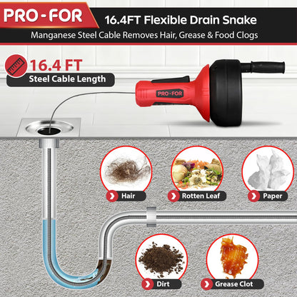 PRO-FOR Drain Auger, 16.4FT Plumbing Snake Drain Clog Remover, Manual & Drill Powered Drain Snake for 0.75–2 Inch Pipes, Sink, Shower, Bathtub, Toilet, Kitchen Drain Cleaner Tool with Steel Cable