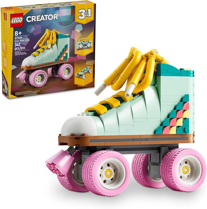 LEGO Creator 3 in 1 Retro Roller Skate Building Kit Transforms from Roller Skate Toy to Mini Skateboard to Boom Box Radio Birthday Gift for Skaters Cool Toy for Boys and Girls Ages 8 and Up 31148