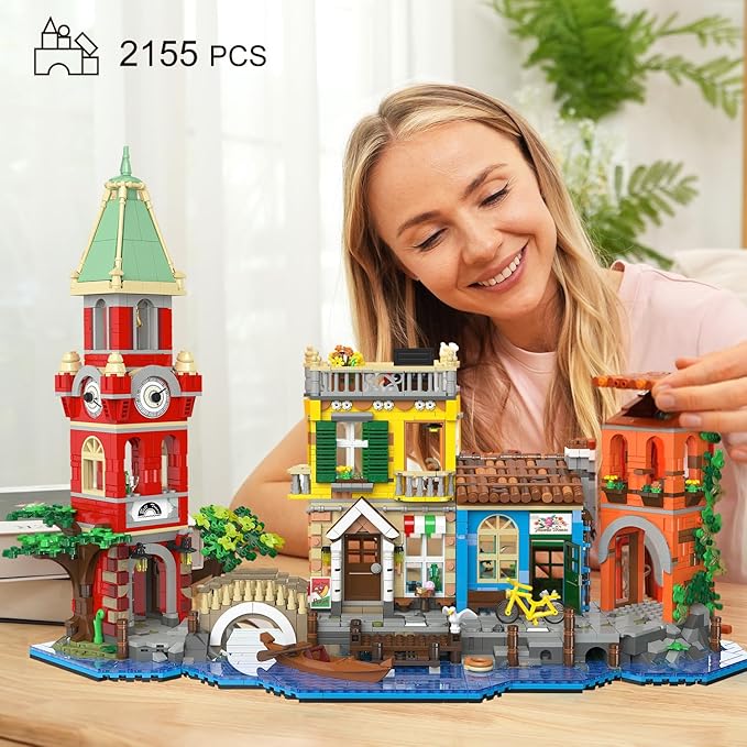 Venice Main Street Building Set for Adults 2155 PCS City House Building Block Kit with Light Flower Shop Pizzeria Christmas Home Decor Architecture Model Gift for Women Men Teen Girl 10+