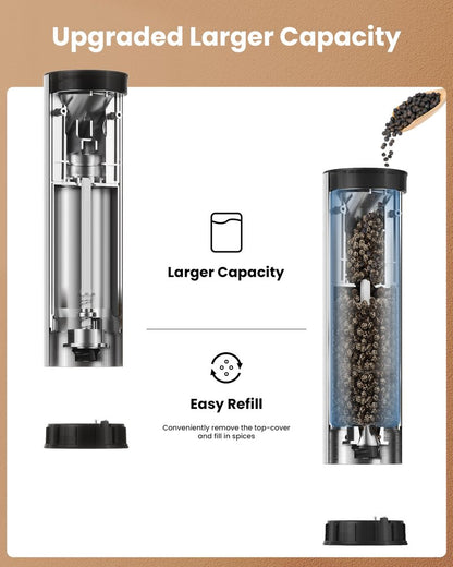 Electric Salt and Pepper Grinder Set with Rechargeable Base - Upgraded Large Capacity, Refillable Pepper Mill Set with LED Light & Adjustable Coarseness, Ideal for Kitchen, Outdoor, BBQ & Gift Giving