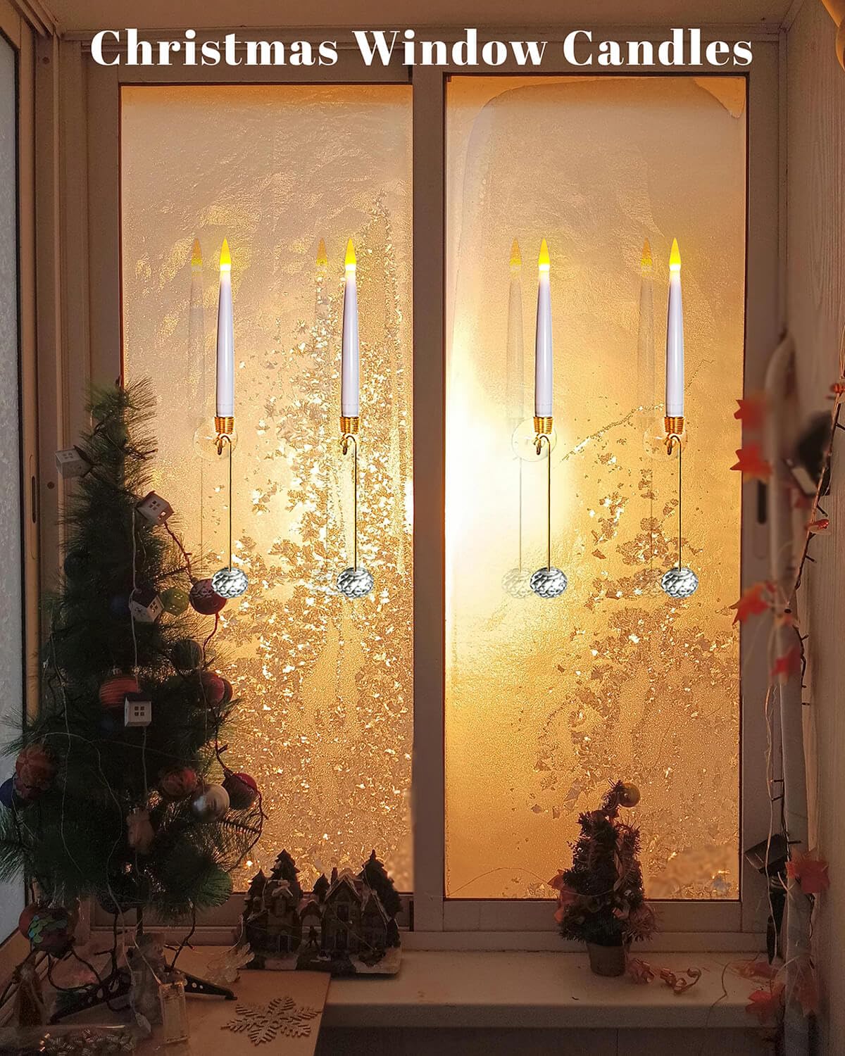 Knoste Christmas Tree Candles-Wand Remote-Crystal Ball Hooks-Suction Cups, 10 Pcs Battery Operated Window Candles, Flickering Warm Light, Xmas Home Ornaments, Wedding Party Decorations
