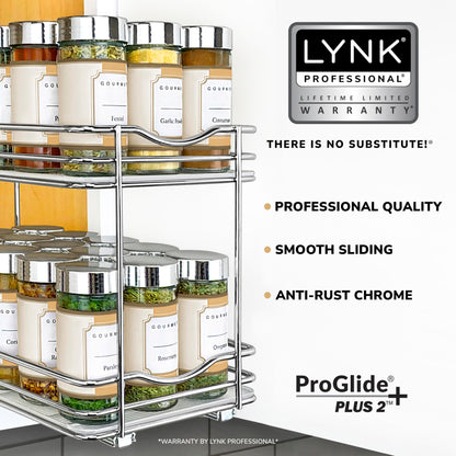 LYNK PROFESSIONAL® Pull Out Spice Rack Organizer for Inside Kitchen Cabinets - 4-1/4 inch Wide - Slide Out Drawer – Chrome Sliding Spice Cabinet Organization Shelf Racks - 2 Tier