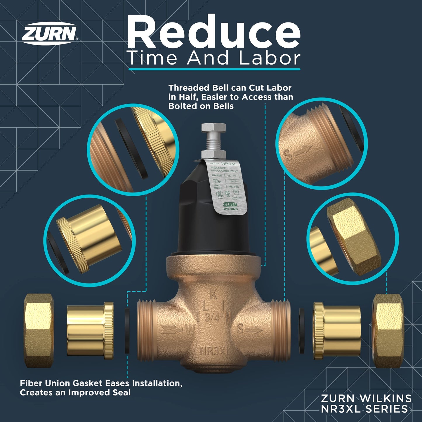 Zurn Wilkins 114-NR3XLDUC 1-1/4" NR3XL Pressure Reducing Valve with Double Union FNPT Copper Sweat Connection