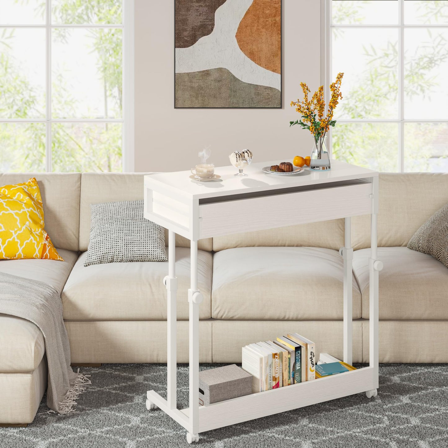 Tribesigns Portable Desk with Drawers, Mobile Laptop Desk with Wheels, Sofa Side Table Bed Desks, Small Standing Desk for Home Office (White)