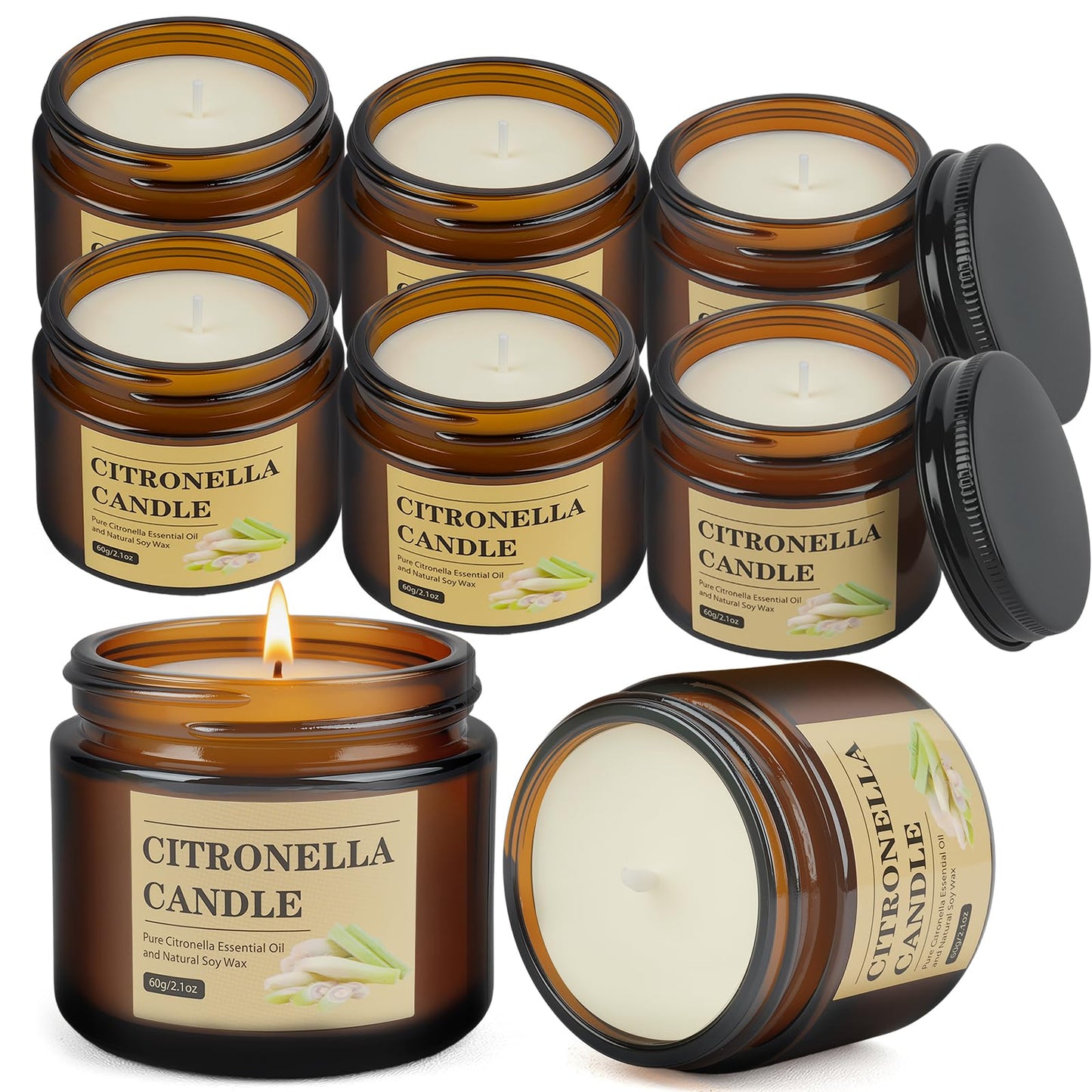 Citronella Candles Outdoor, 8 Pack Citronella Candles with Lids, 120 Hours Burn Time, Natural Soy Wax, Glass Jar Candle for Patio, Yard, Camping, Balcony, Garden, Summer Nights and Indoor Use