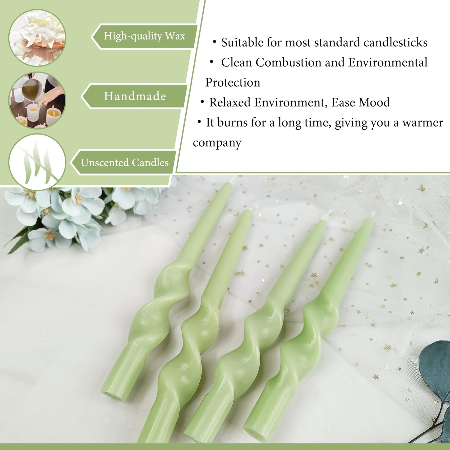 4 Pack Green Spiral Taper Candles Unscented Tapered Candles Twisted Candle 10 Inch Smokeless Tall Candlesticks for Weddings Dinner Parties Home Decor