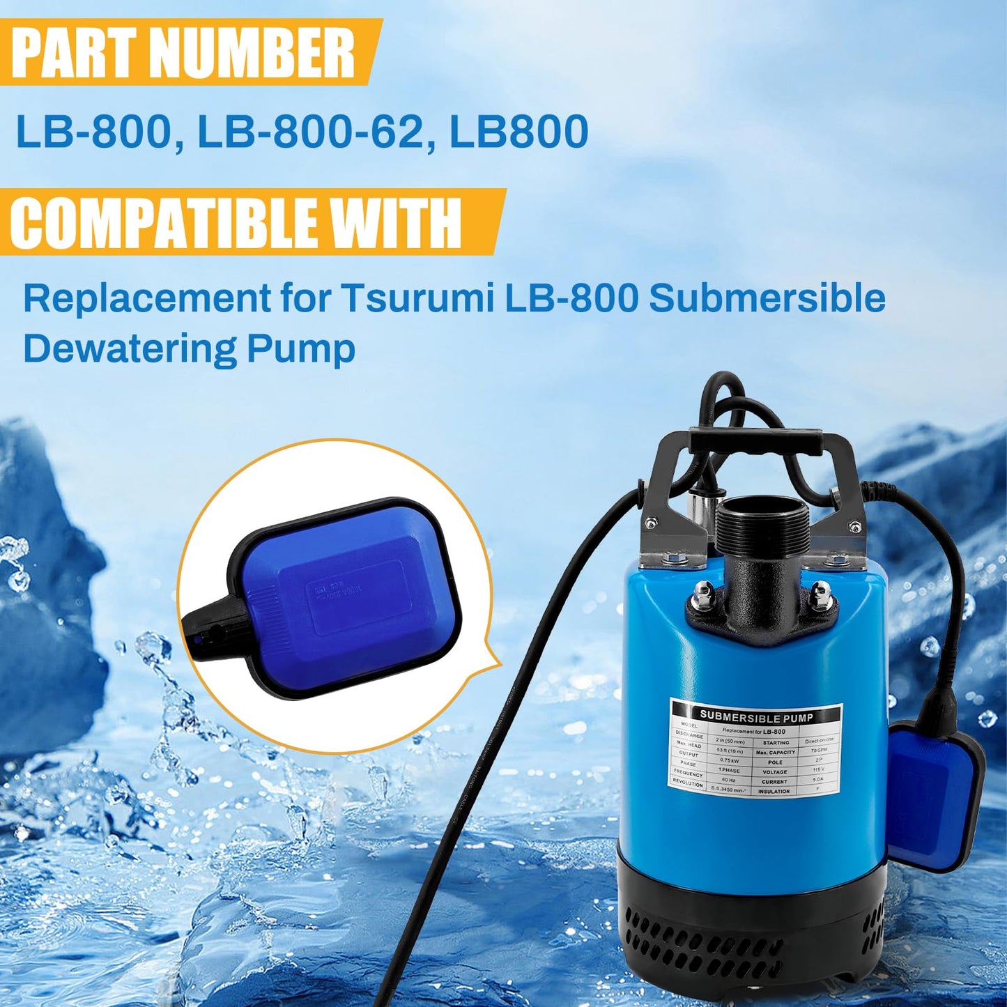 LB-800 1 HP 115V Submersible Dewatering Pump w/Float Switch Replacement for LB-800-62 2'' Straight Male NPT Submersible Drainage Utility Pump Single Phase 70 GPM
