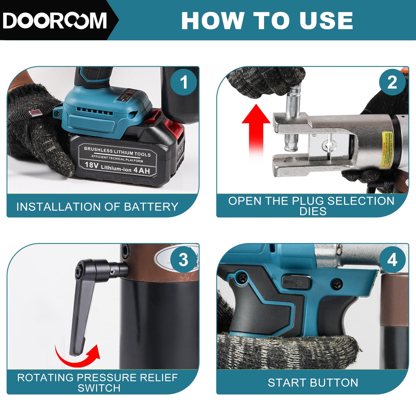 DOOROOM Electric Hydraulic Cable Lug Crimping Tool, 8 AWG to 500 MCM Terminal, Cable, Wire Electric Crimper Tool Kit, Battery Crimp Tool Kits with 11 Dies