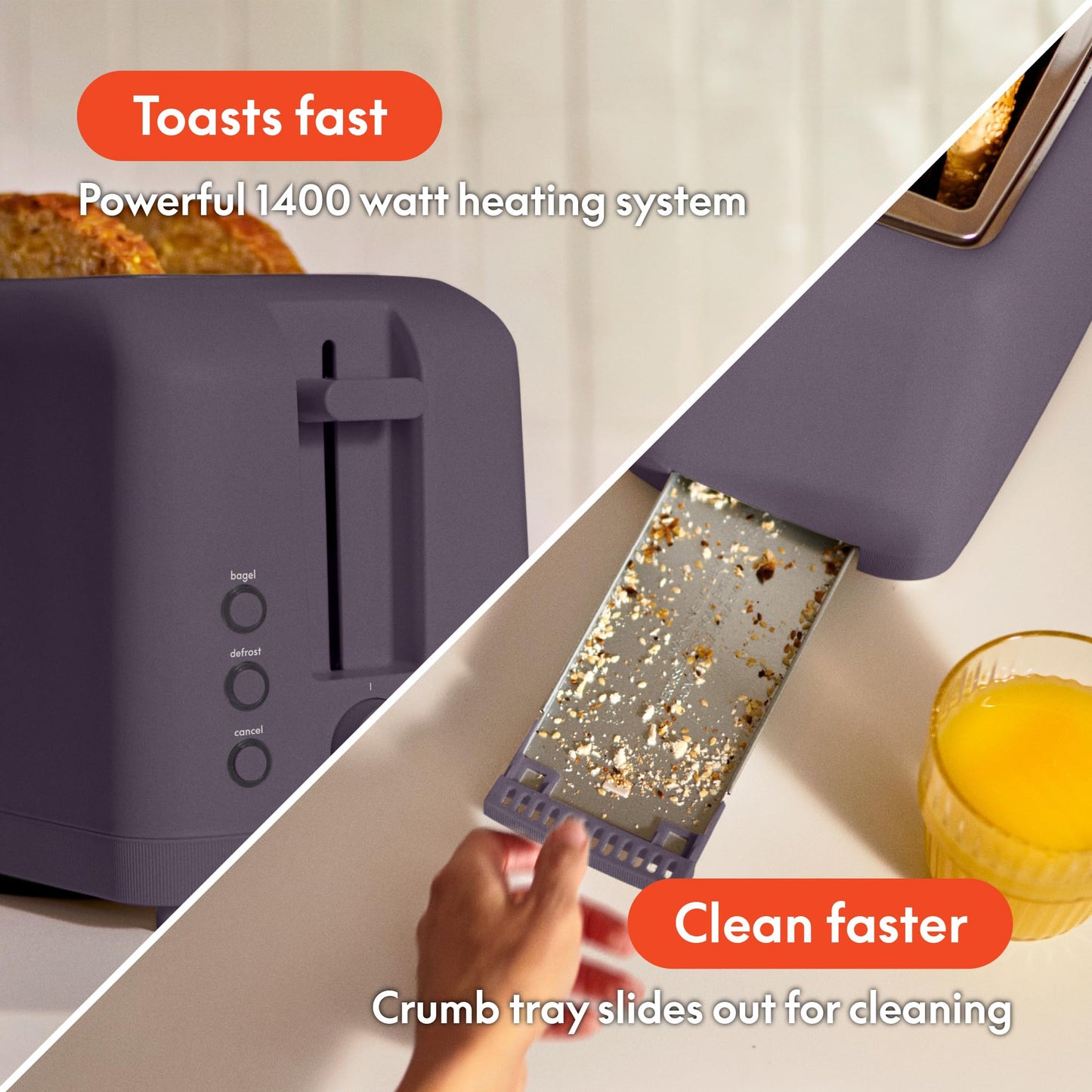 bella 2 Slice Slim Toaster, Fits-anywhere™ Kitchenware, 6 Setting Shade Control with Reheat & Cancel Buttons, Fits sourdough, 10” Long Slot, Anti Jam & Auto Shutoff, 900 Watt, Surf