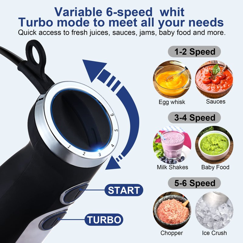 BioloMix Hand Blender 5 in 1 Immersion Blender 1000W, 6 Speed With Turbo Mode hand blenders immersion Stainless Steel Blade With 800ml Chopper, 600ml Mixing Beaker, Whisk and Milk Frother