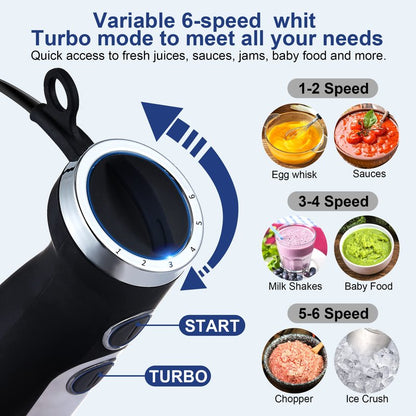 BioloMix Hand Blender 5 in 1 Immersion Blender 1000W, 6 Speed With Turbo Mode hand blenders immersion Stainless Steel Blade With 800ml Chopper, 600ml Mixing Beaker, Whisk and Milk Frother