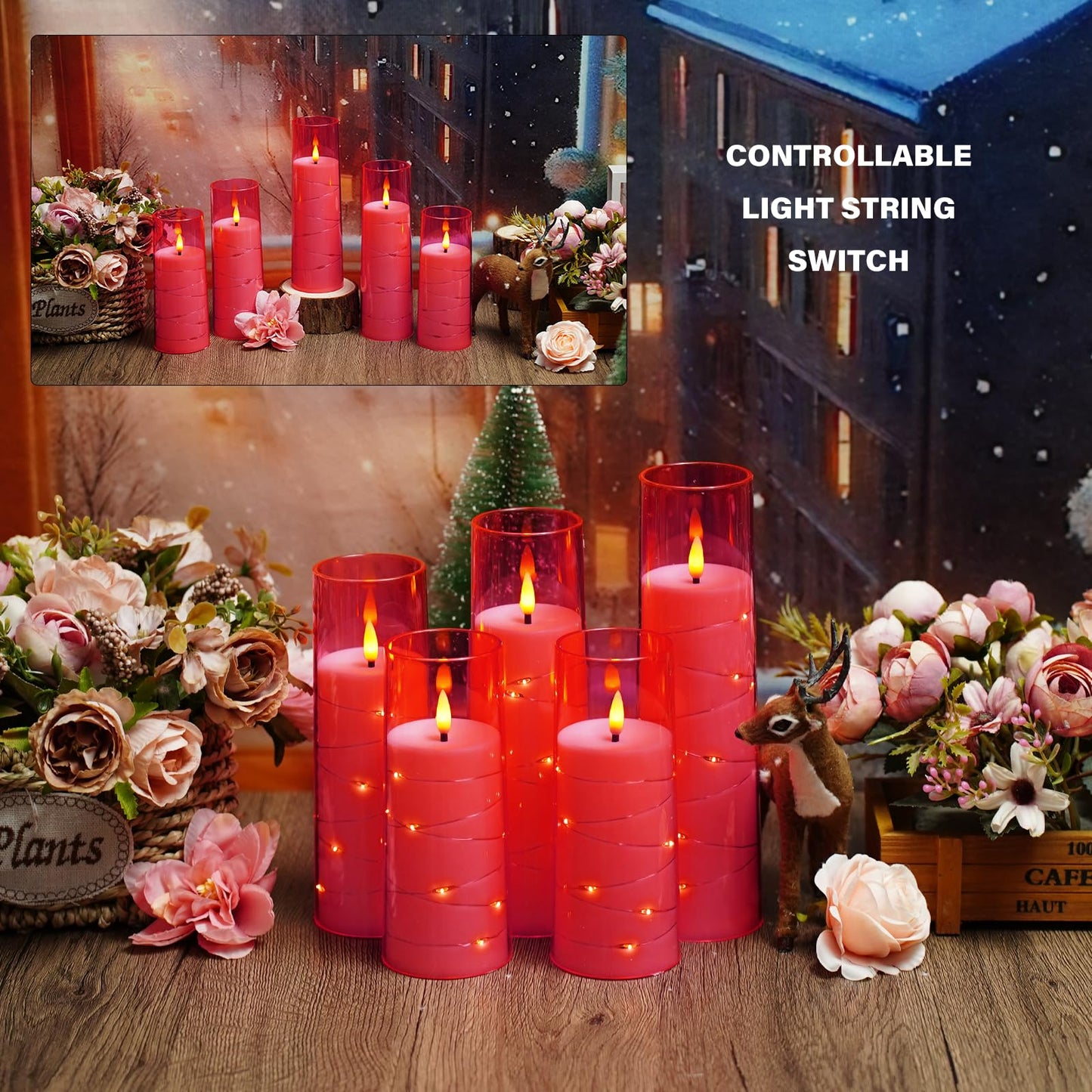 kakoya Flameless LED Candles with Timer 5 Pc Flickering Flameless Candles for Romantic Ambiance and Home Decoration Stable Acrylic Shell,with Embedded Star String，Battery Operated Candles(Pink)