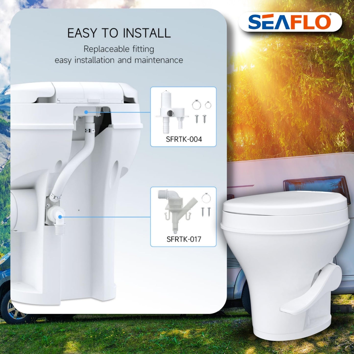 SEAFLO Residential Height Camper/RV Toilet, 18.5” Standard Height, Gravity Flush System, Foot Pedal Operation, Soft Close Seat, Easy-to-Clean Oversized Bowl, 4-Year Warranty