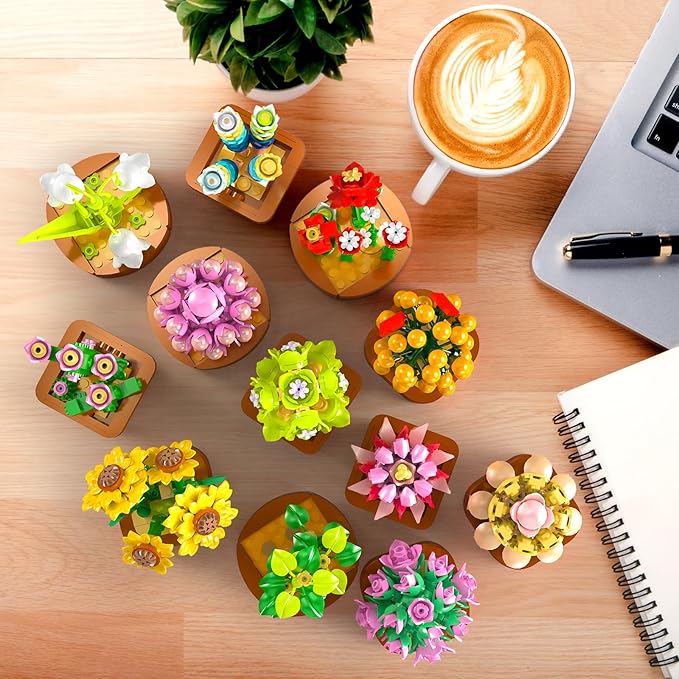 12 Pack Flowers Succulents Mini Building Set - 1403PCS Flower Botanical Collection for Home Office Décor 3.6MM Plant Blocks Toy Easter Birthday Gifts for Adults Women Kids Girls10+