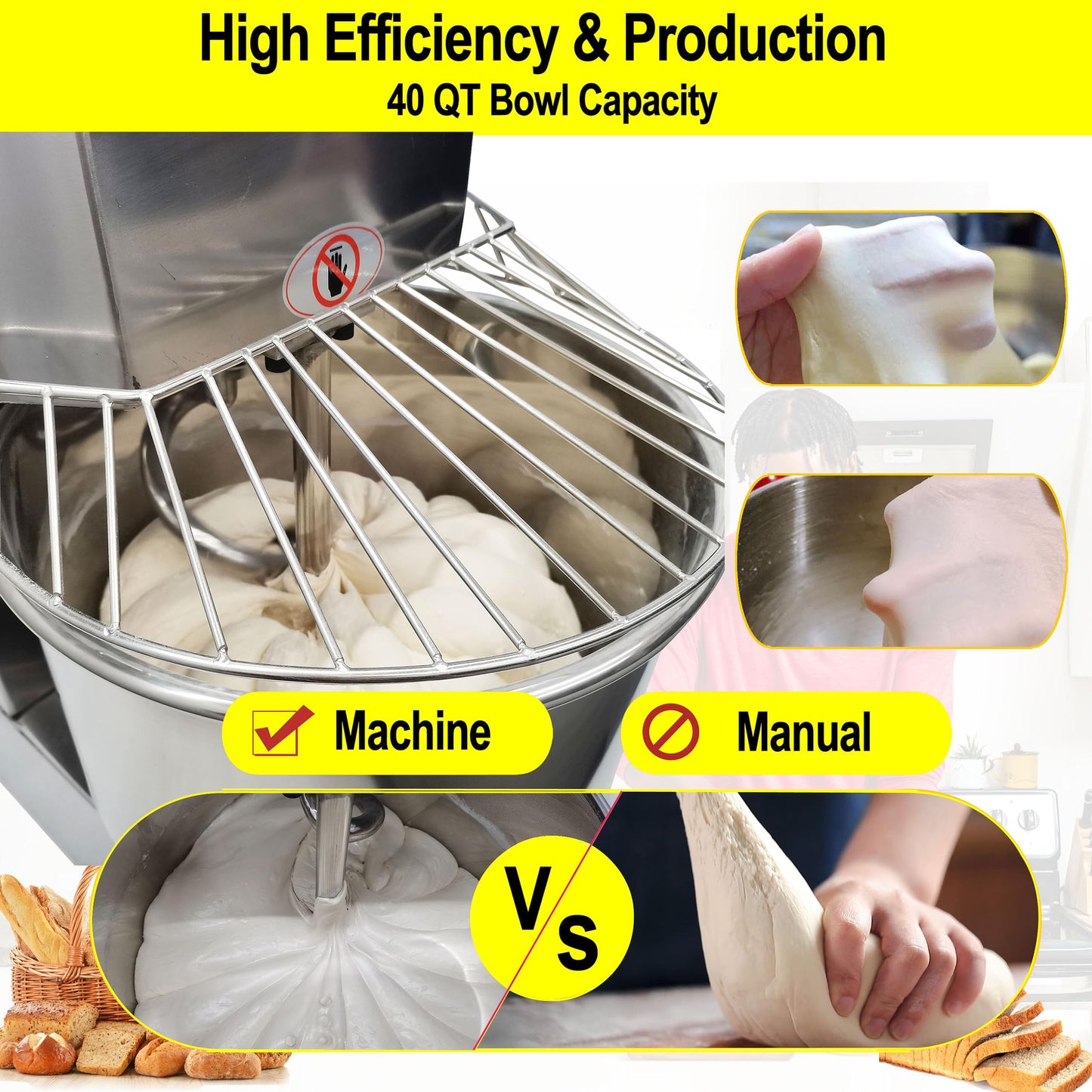 LGXEnzhuo 40L Commercial Dough Mixer with Dual Rotation and Double Speed, 1800W Electric Dough Kneading Machine - Stainless Steel, Spiral Hook, Emergency Stop, for Pizze and Bread