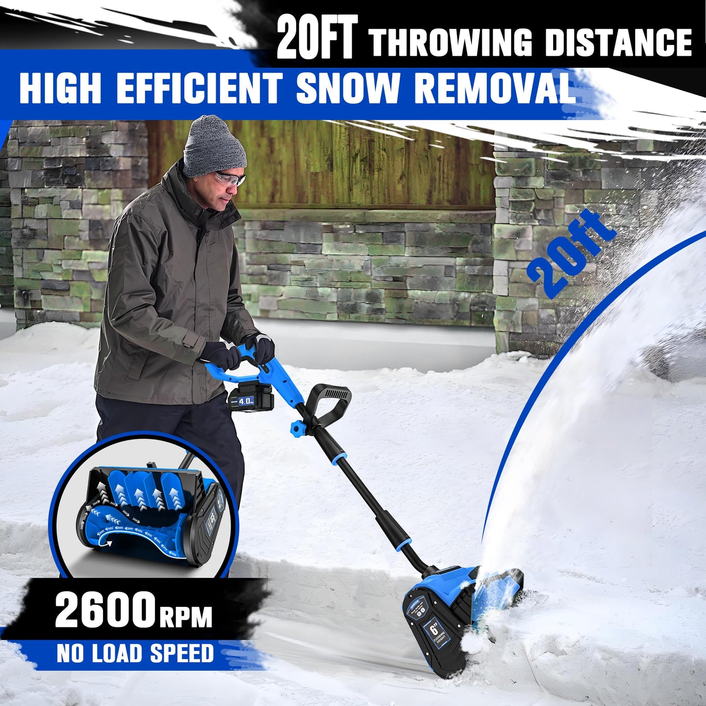 VOTLEMI Cordless Snow Shovel, 13 Inch Electric Snow Shovel with Directional Plate, Brushless Cordless Snow Blower for Pathway, Patio, Deck, Driveway, Blue