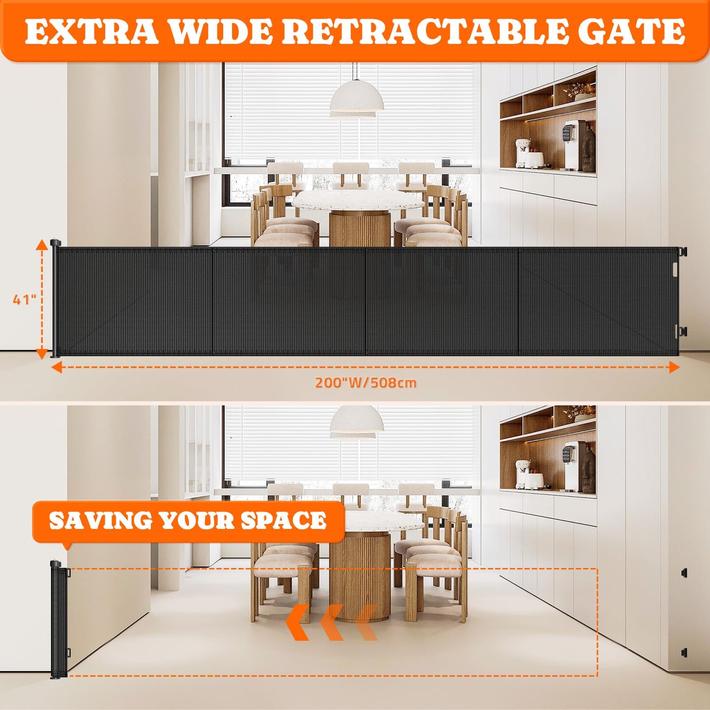 Pawtners Retractable Baby Gates Extra Wide, 41" Tall Extends up to 200" Wide, Dog Gate Indoor for Stairs, Pet Gate with Support Rods for Doorways Hallways Garage Indoor & Outdoor-Black