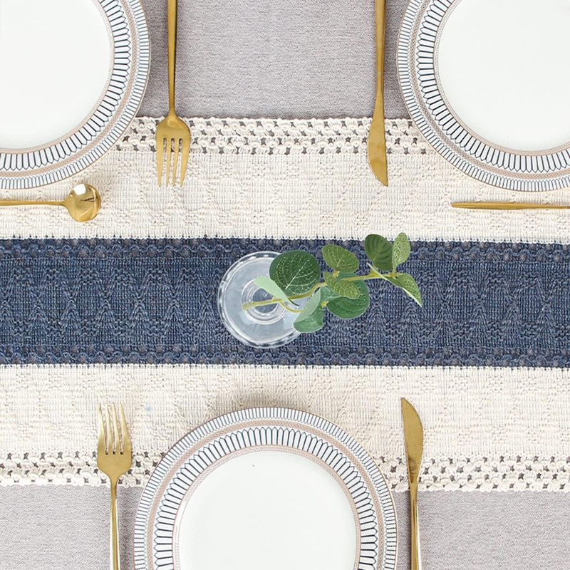FEXIA Boho Blue Table Runner 72 Inches Long with Tassels Macrame Farmhouse Style Party Rustic Wedding Baby Bridal Shower Dining Decor (12x72 Inches)