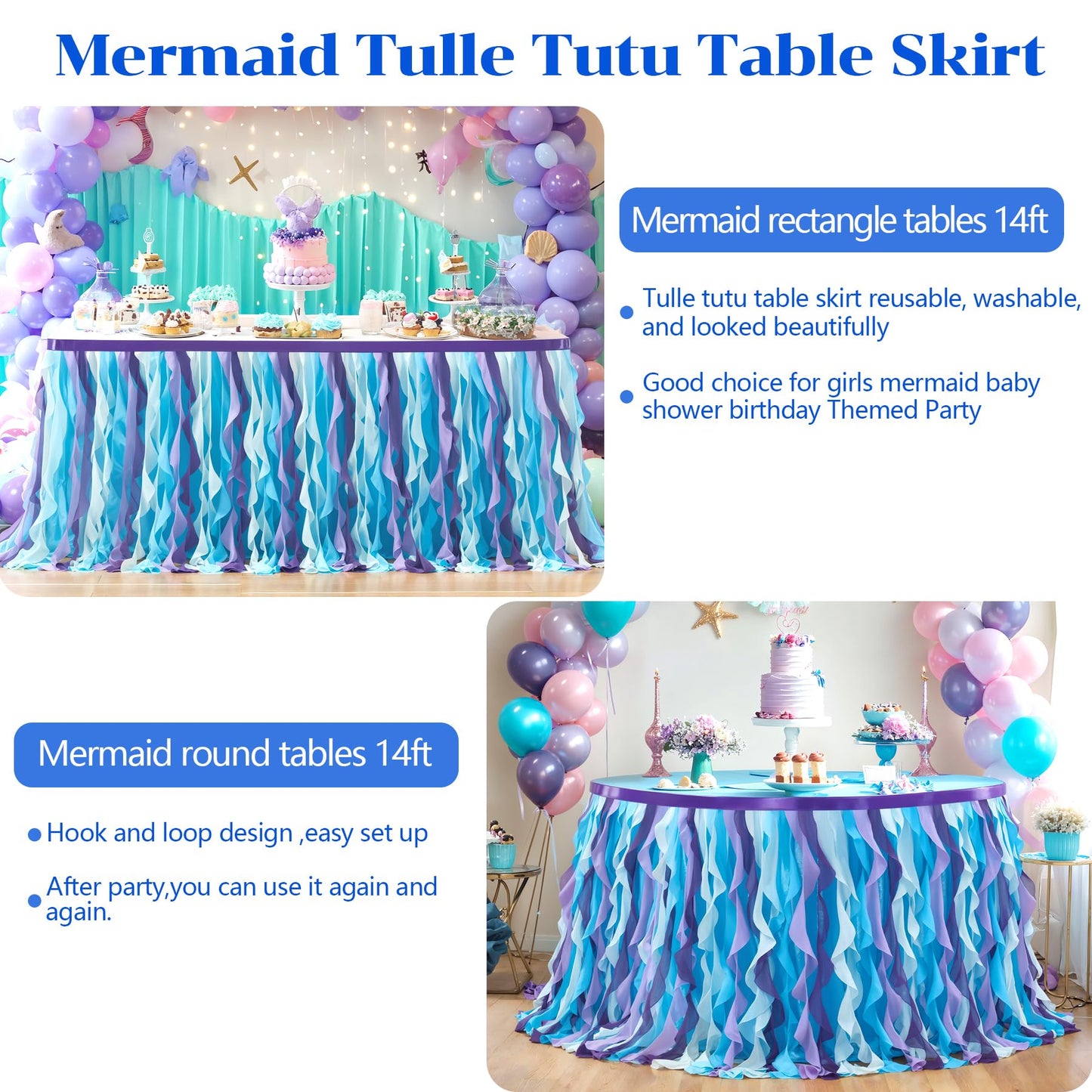 Partisky Mermaid Tulle Tutu Ruffle Curly Willow Table Skirt for Rectangle Table 14ft, Mermaid Themed Party Table Cloth for Girls Birthday Party or Baby Shower