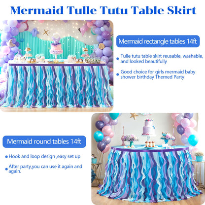 Partisky Mermaid Tulle Tutu Ruffle Curly Willow Table Skirt for Rectangle Table 14ft, Mermaid Themed Party Table Cloth for Girls Birthday Party or Baby Shower