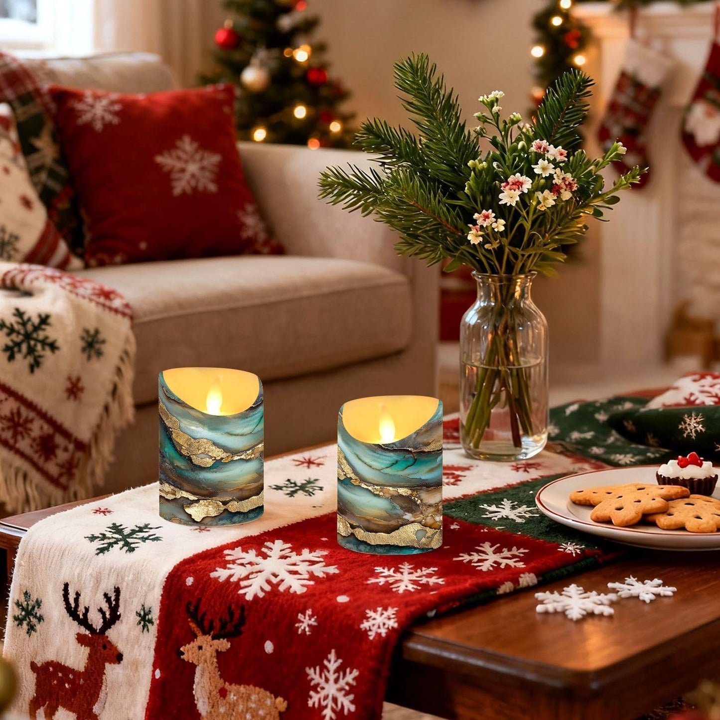 famyily Christmas Tabletop LED Candles Set of 2 Long Lasting Battery Operated Candles for Wedding Table Centerpieces 3.9x3in - Marble Brown Turquoise