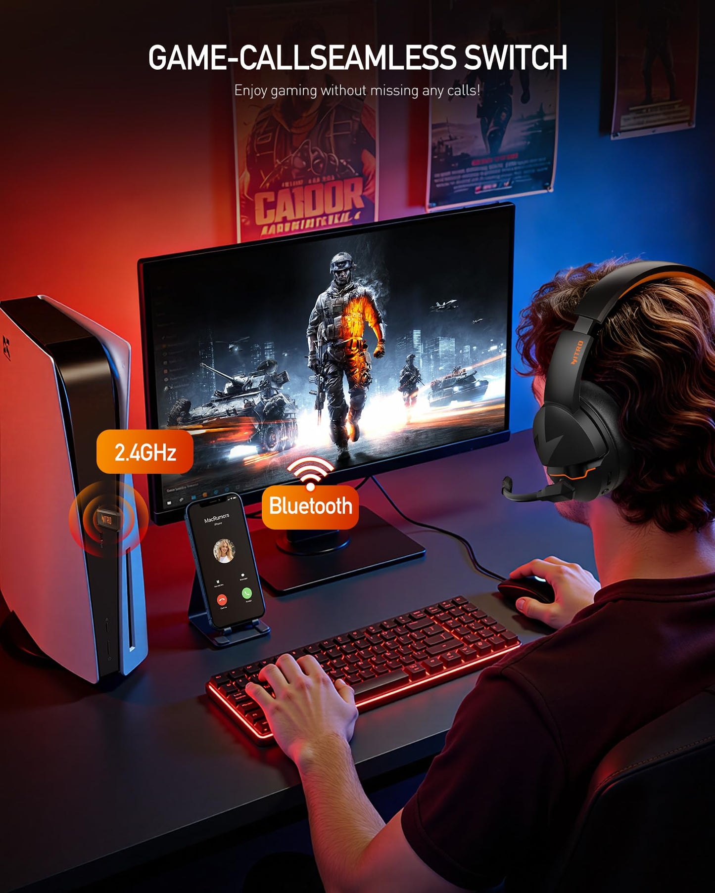 acer Wireless Gaming Headset, PS5 Headset with 2.4GHz for Ps5, Ps4, PC, Switch, Bluetooth 5.3 + 100Hrs Gaming Headphones with Noise Canceling Mic for Laptop, Mobile, Mac, 50mm Drivers (Orange)