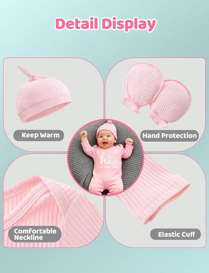 Babymine Newborn Unisex Baby Clothes - Long Sleeve Onesie Outfit with Mittens & Hat | 0-3 Months