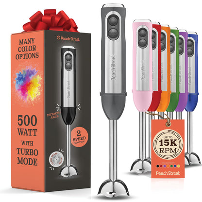 Powerful Immersion Blender, Electric Hand Blender 500 Watt with Turbo Mode, Detachable Base. Handheld Kitchen Gadget Blender Stick for Soup, Smoothie, Puree, Baby Food, 304 Stainless Steel Blades