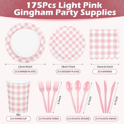 175Pcs Pink Gingham Party Supplies Pink Gingham Paper Plates and Napkins Cups Checkered Plates Disposable LightPink and White Plaid Party Decor for Birthday Family Fall Picnic BBQ,Serves 25 Guests