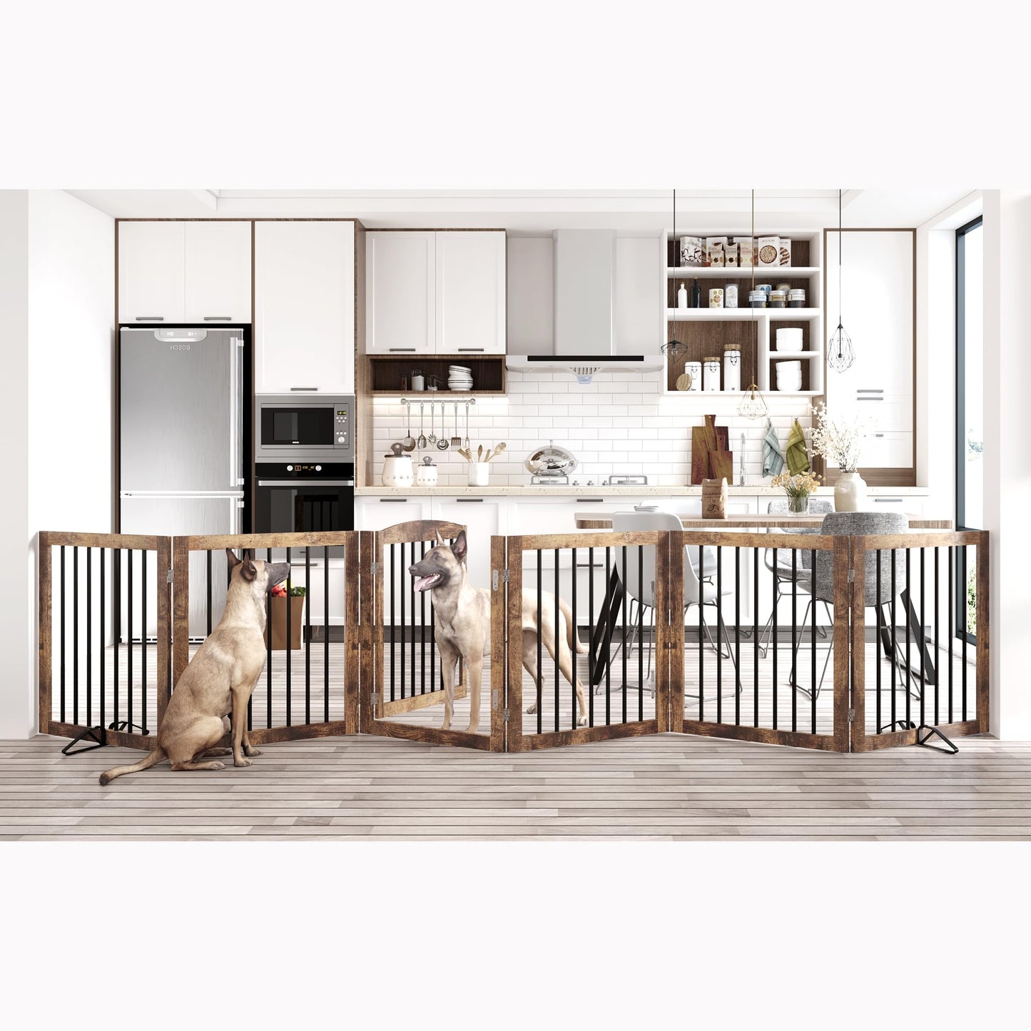 Vantas Folding Pet Gate 144" Wide, 30" Tall No-Assembly Wooden Dog Gate with Door Walk Through, Freestanding Puppy Safety Fence, with 2PCS Support - Rustic Brown