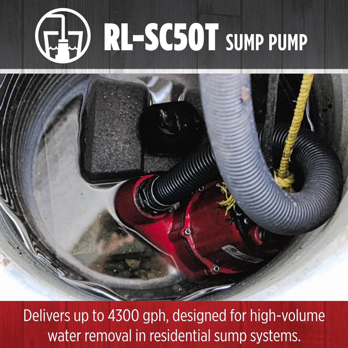 Red Lion RL-SC50T 115-Volt, 1/2 HP, 4300 GPH Cast Iron Sump Pump with Tethered Float Switch, 10-Ft. Cord, Red, 14942746