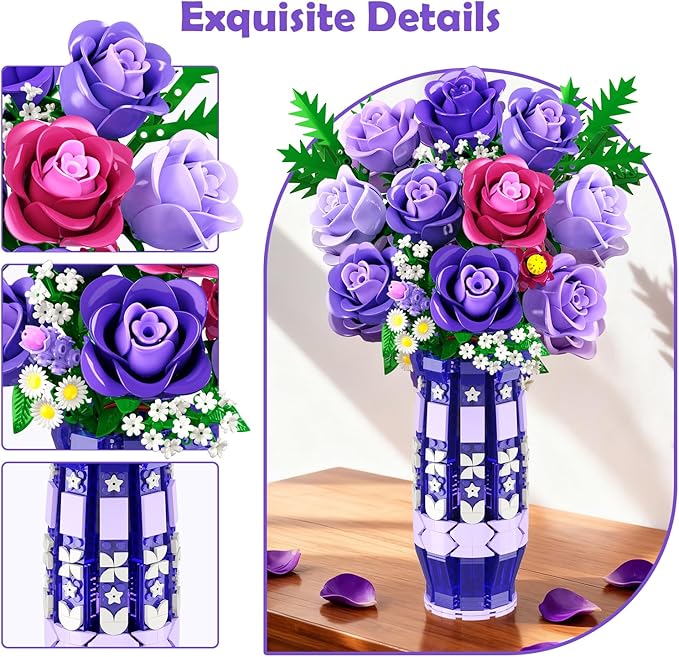 Purple Roses Flowers Building Set with Vase &amp LED Light 17 Mini Flowers Bouquet Building Blocks Toy for Adults Artificial Flowers for Home Office Decor &amp Display Gifts for Women &amp Men