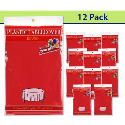 Party Dimensions Red Disposable Plastic Tablecloth for Round Tables (12 Pack) 84 inches Table Cloths for Parties, Events & Weddings, Indoors & Outdoors, Plastic Table Cover