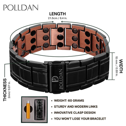 POLLDAN Copper Bracelet 6200 Gauss Power | Mens Bracelet 99.99% Pure Copper | Magnetic Bracelets for Men with Adjustable Fit & Sizing Tool | Stylish Men's Jewelry | Magnet Gifts for Him (3X Power Black Copper)