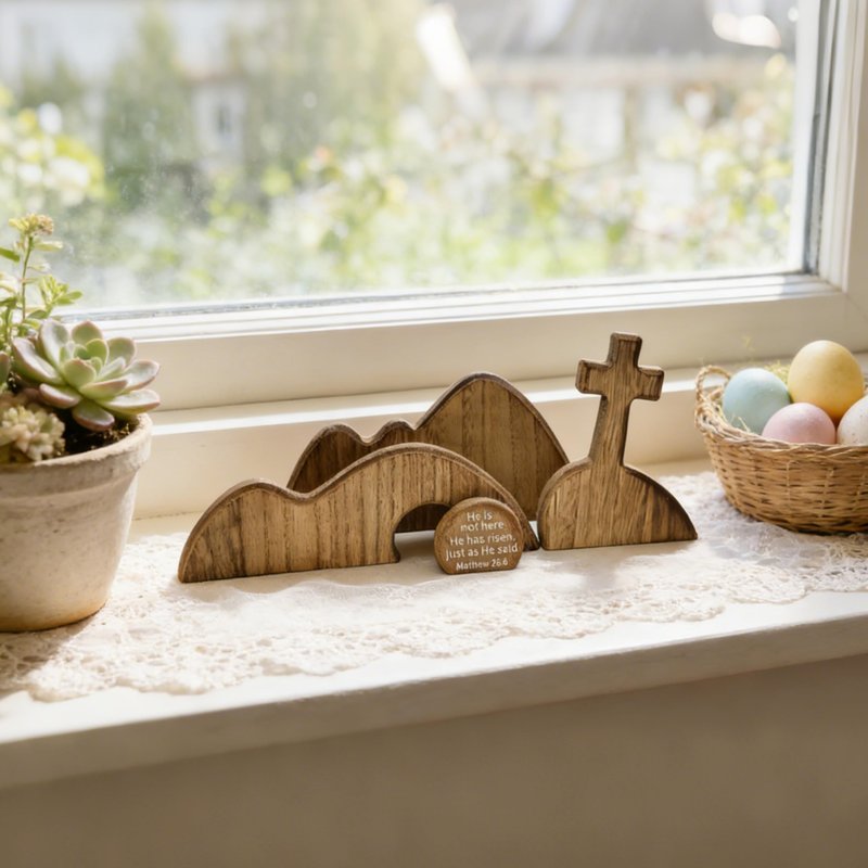 FESTGLOX Wooden Empty Tomb Set with Cross, Empty Tomb Easter Scene for Christian Decoration, Wooden Easter Resurrection Scene for Religious Display, Home Office Tabletop Tray, Church, Shelf Decor