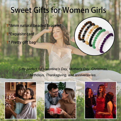 Gnamy Amethyst Beaded Bracelet for Women, Natural Purple Crystal Bracelet Healing Anxiety Protection Birthday Valentines Christmas Jewelry Gifts for Daughter Her Mom Girlfriend Best Friend Bestie