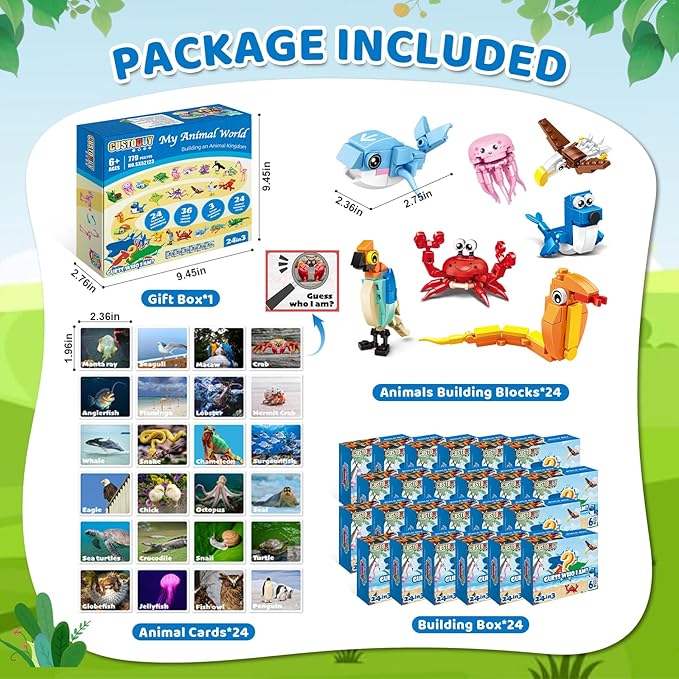 24 Packs Party Favors for Kids – 779 PCS 6-in-1 &amp 12-in-1 Animal Building Blocks Set with Animal Cards – Goodie Bag Fillers Classroom Prizes Birthday &amp Easter Gifts for Kids Ages 6-12