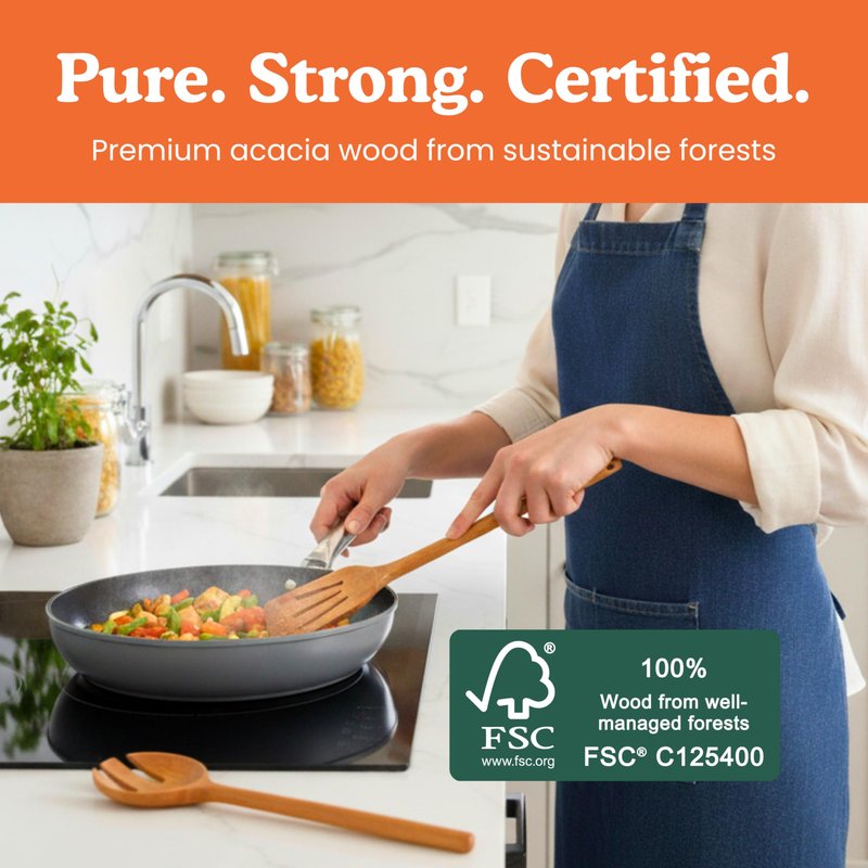 Non-Toxic Cooking Utensils – 6-Piece Kitchen Utensils Set, Glue-Free & One-Piece Wooden Spoons for Cooking, Natural Wooden Utensil Set with Plant-Based Finish, Free of Forever Chemicals